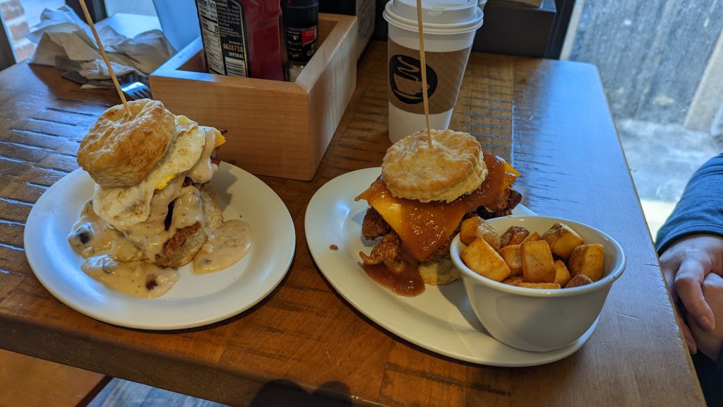Two oversized biscuit sandwiches from the Maple Street Biscuit Company