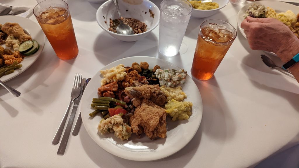 A typical plate of southern foods at Mrs. Wilkes Dining Room