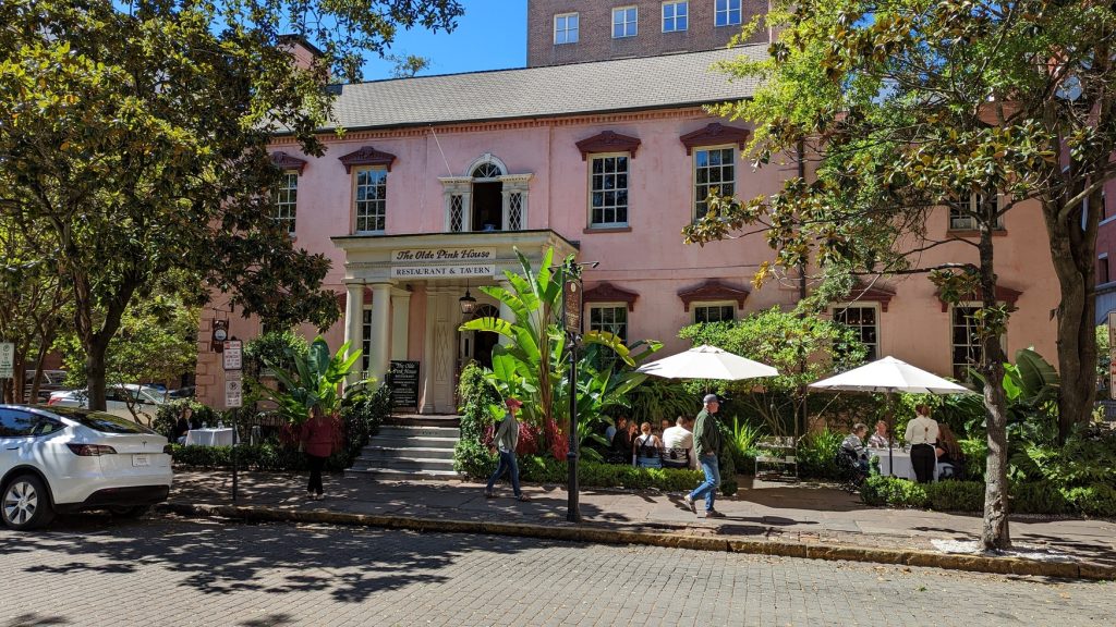 Street view of The Olde Pink House restaurant