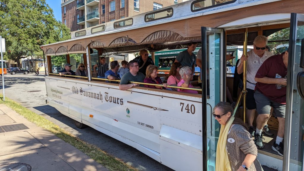 Passengers getting off of an Old Savannah Tours trolley